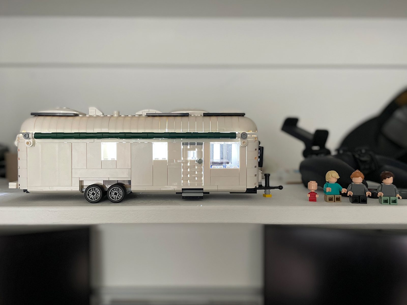 Top-down view of the LEGO Airstream with roof removed, showing the interior layout
