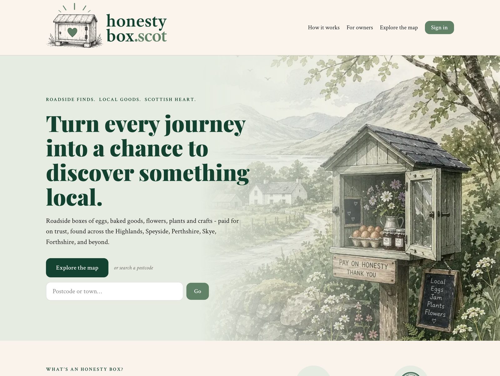 The honestybox.scot homepage showing a hand-drawn illustration of a roadside honesty box and the tagline 'Turn every journey into a chance to discover something local'