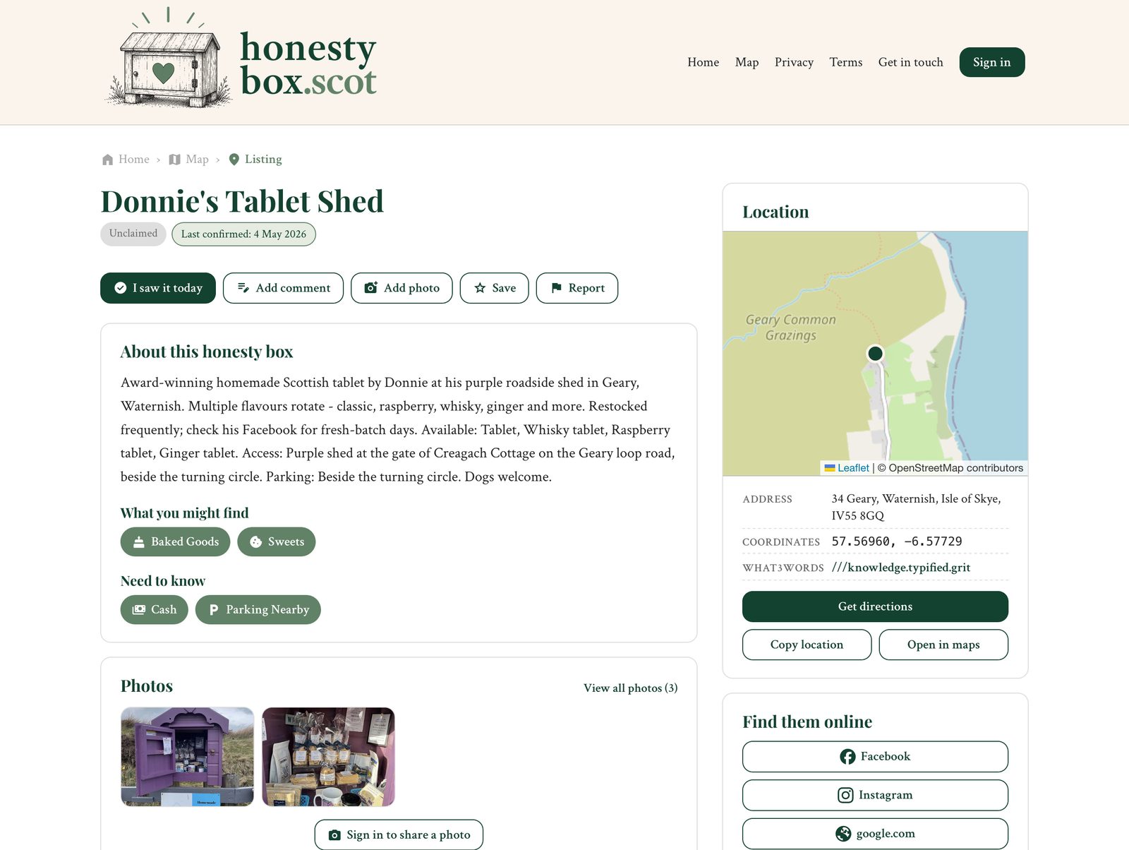 A full listing page on honestybox.scot for Donnie's Tablet Shed, showing photos, what's typically inside, payment options, parking notes, last confirmed date, and an embedded location map