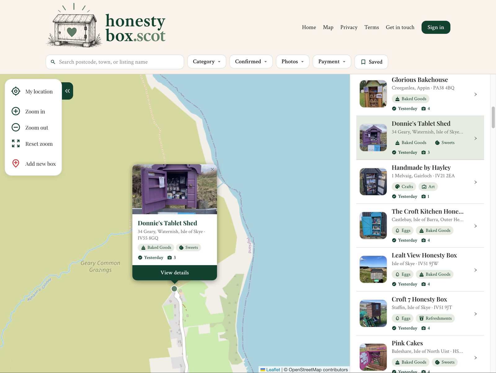 The honestybox.scot map zoomed in on the Isle of Skye with a popup card open for Donnie's Tablet Shed, showing a photo of the purple roadside shed and a 'View details' button