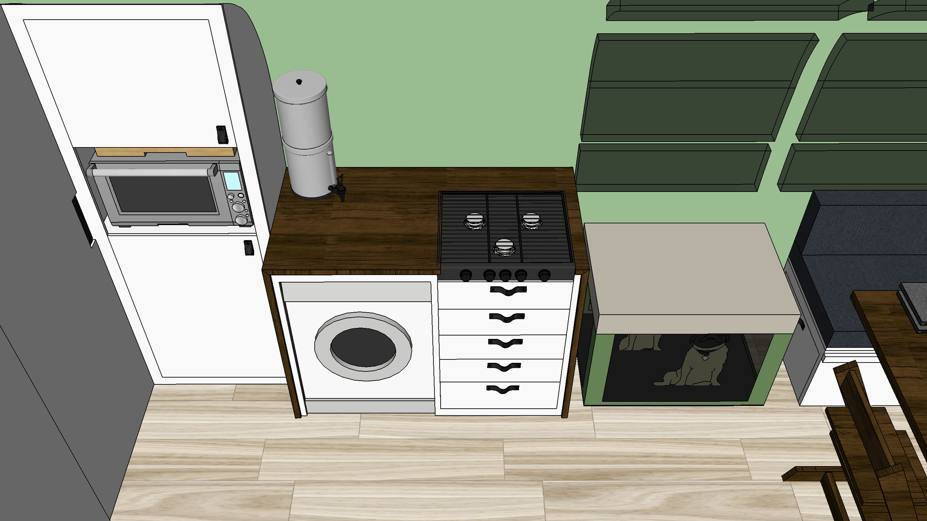 3D rendering showing washer-dryer and stove area