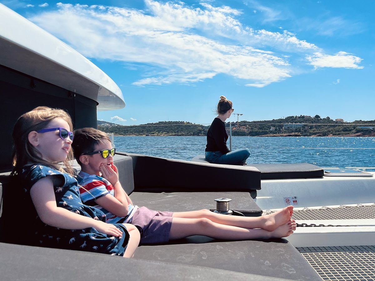 The kids on the private catamaran